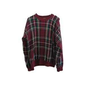Merona Womens M Red Green Plaid Stripe Knit Vintage Pullover Sweater Holiday 90s